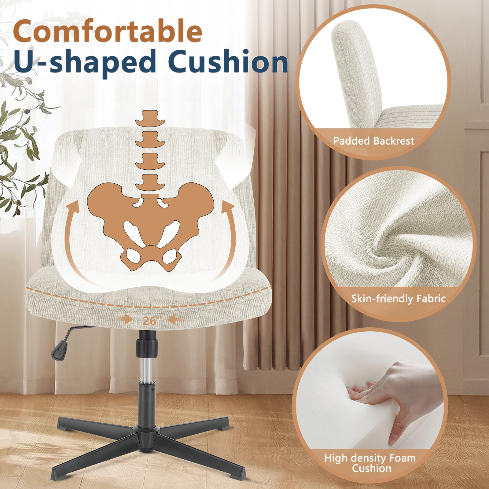 JHK Cross Legged Office Living Room Rocking Gaming Chair Armless Wide Desk Adjustable Swivel Fabric Task Vanity Home Office - Image 2