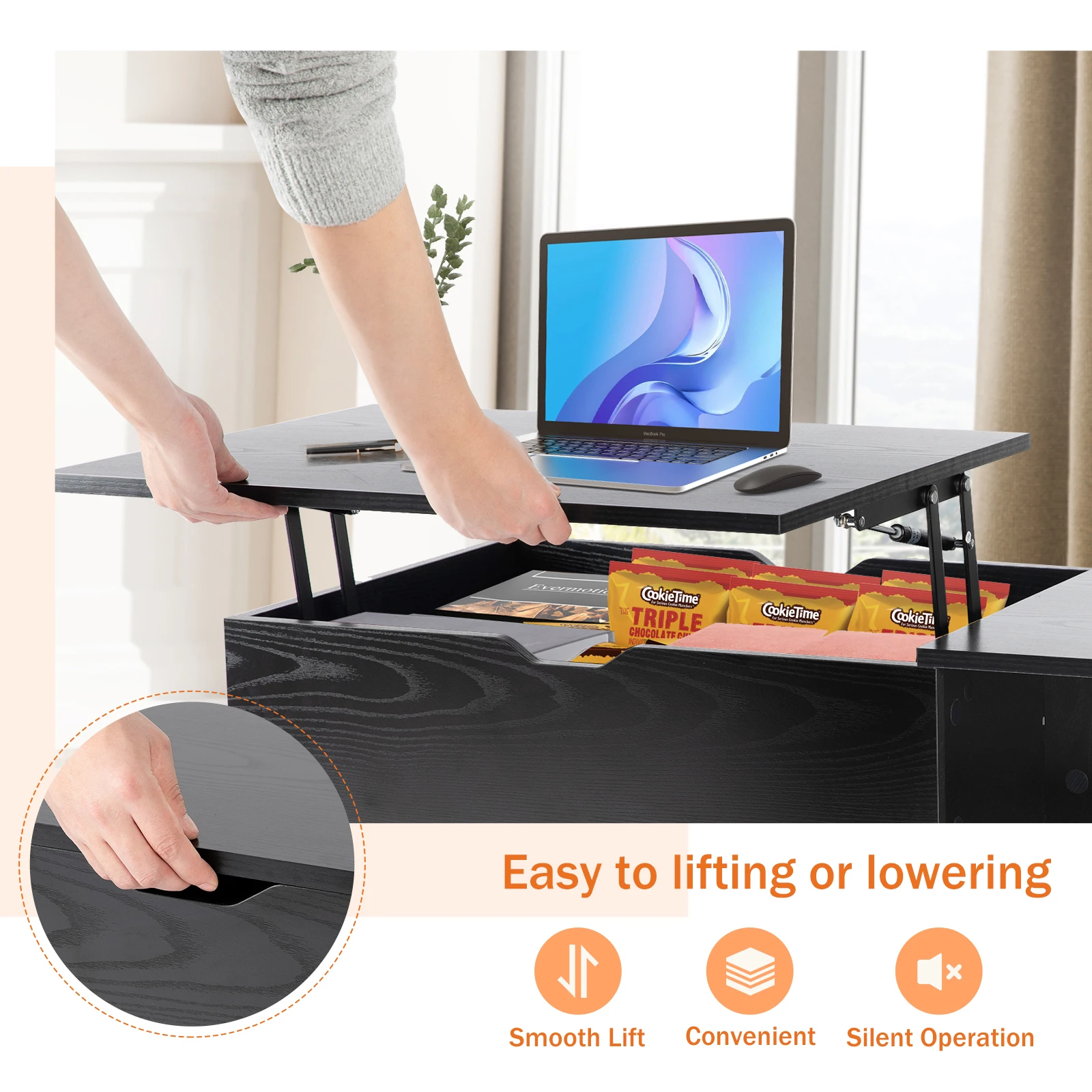 JHK Lift Top Coffee Tables For Living Room 39.37"x19.7" Desk Tea Wood Dining Tables Adjustable Storage Shelf Easy Lift Or Lower - Image 3