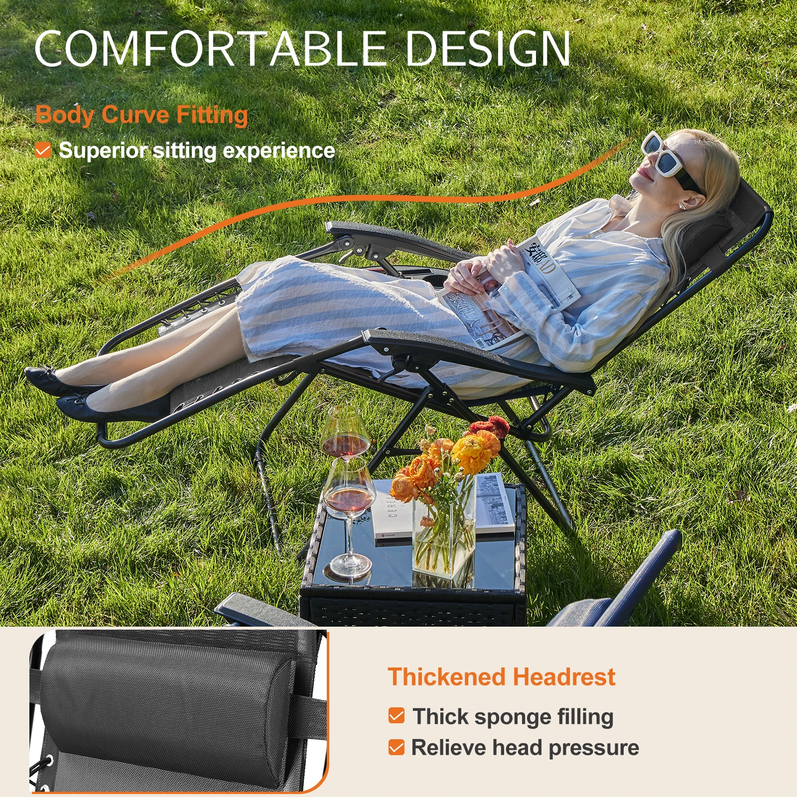 JHK Zero Gravity Set of 2 Portable Recliner Camping Patio Outdoor Garden Lounge Chair with Cup Holder Trays Adjustable Pillow - Image 2