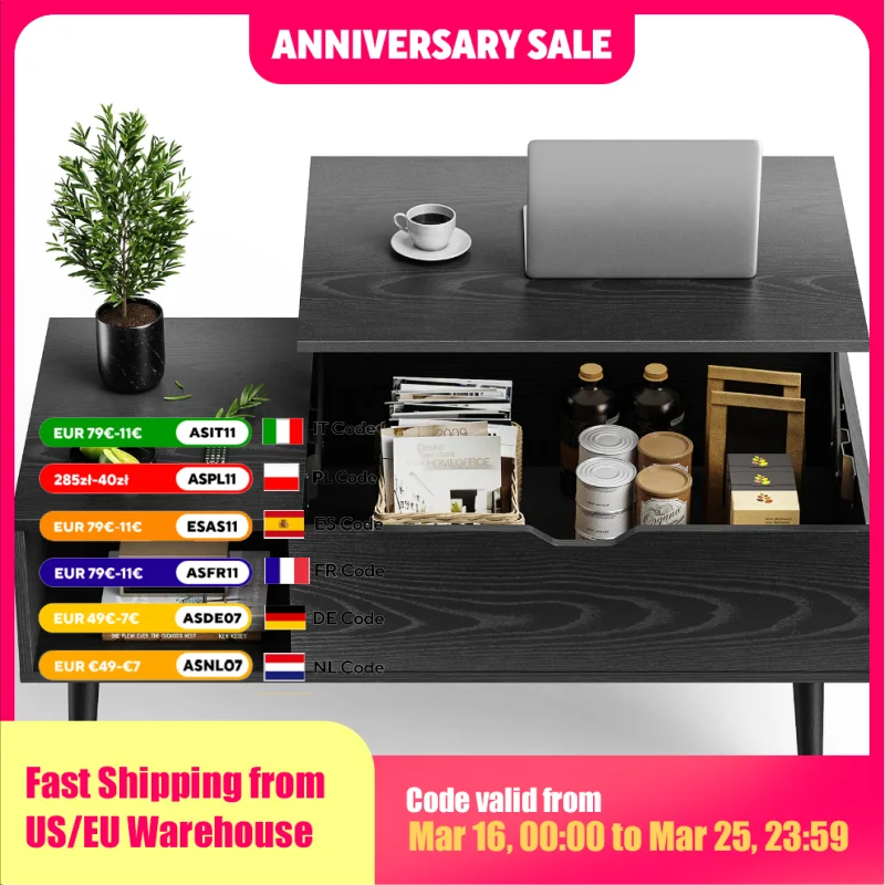 JHK Lift Top Coffee Tables For Living Room 39.37"x19.7" Desk Tea Wood Dining Tables Adjustable Storage Shelf Easy Lift Or Lower