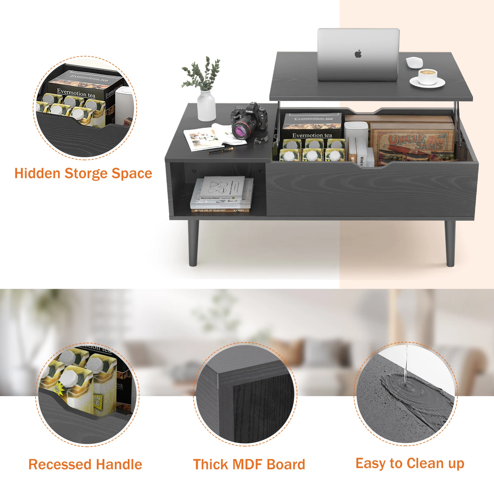 JHK Lift Top Coffee Tables For Living Room 39.37"x19.7" Desk Tea Wood Dining Tables Adjustable Storage Shelf Easy Lift Or Lower - Image 2