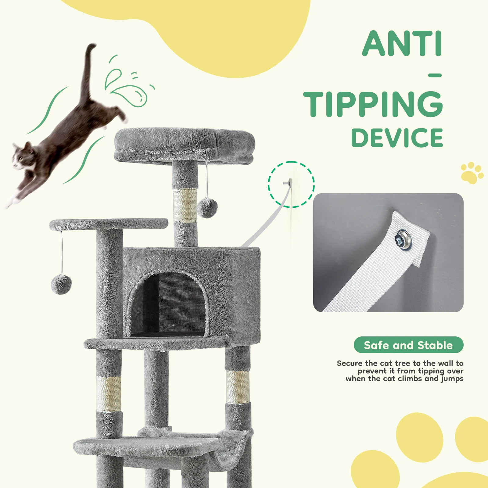 JHK 44In Cat Tree Tall Multi-Cat Climbing Tower for Pet Furniture Natural Sisal Scratching Posts Stable Pet House for Indoor Cat - Image 3