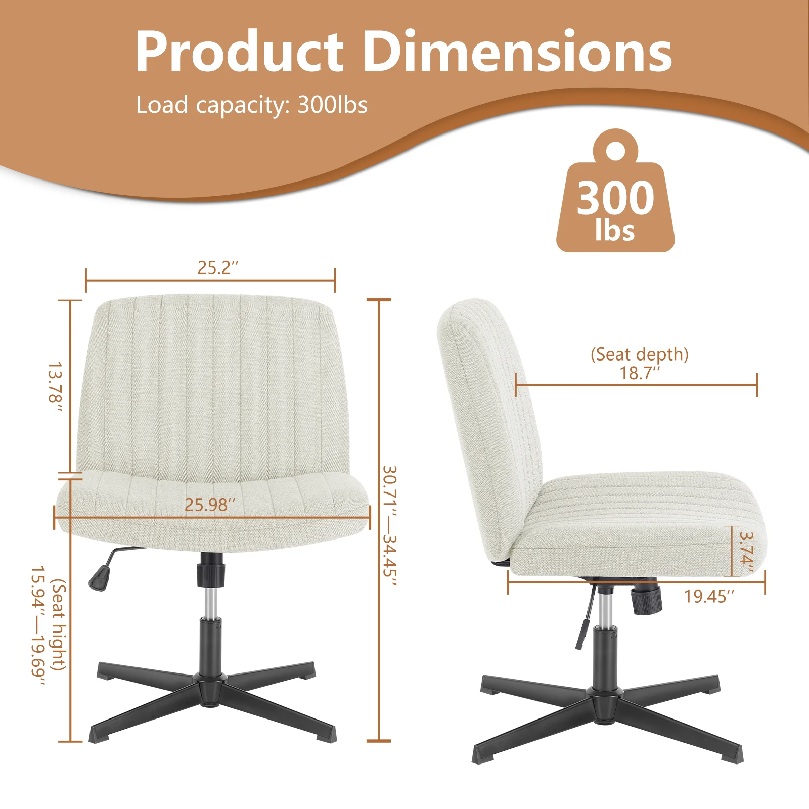 JHK Cross Legged Office Living Room Rocking Gaming Chair Armless Wide Desk Adjustable Swivel Fabric Task Vanity Home Office - Image 6