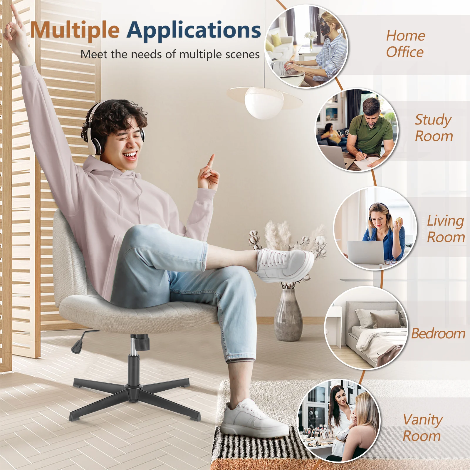JHK Cross Legged Office Living Room Rocking Gaming Chair Armless Wide Desk Adjustable Swivel Fabric Task Vanity Home Office - Image 5