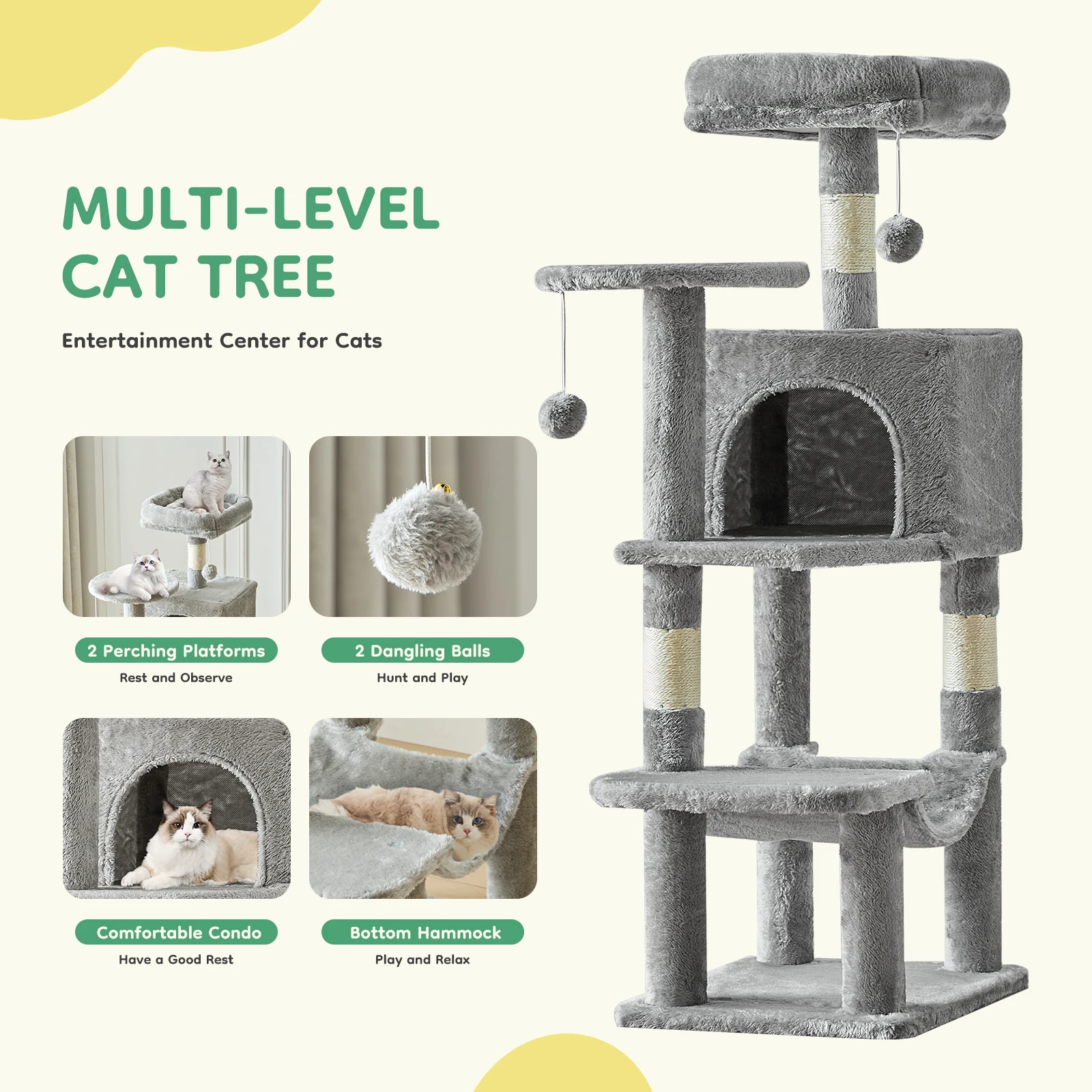 JHK 44In Cat Tree Tall Multi-Cat Climbing Tower for Pet Furniture Natural Sisal Scratching Posts Stable Pet House for Indoor Cat - Image 5