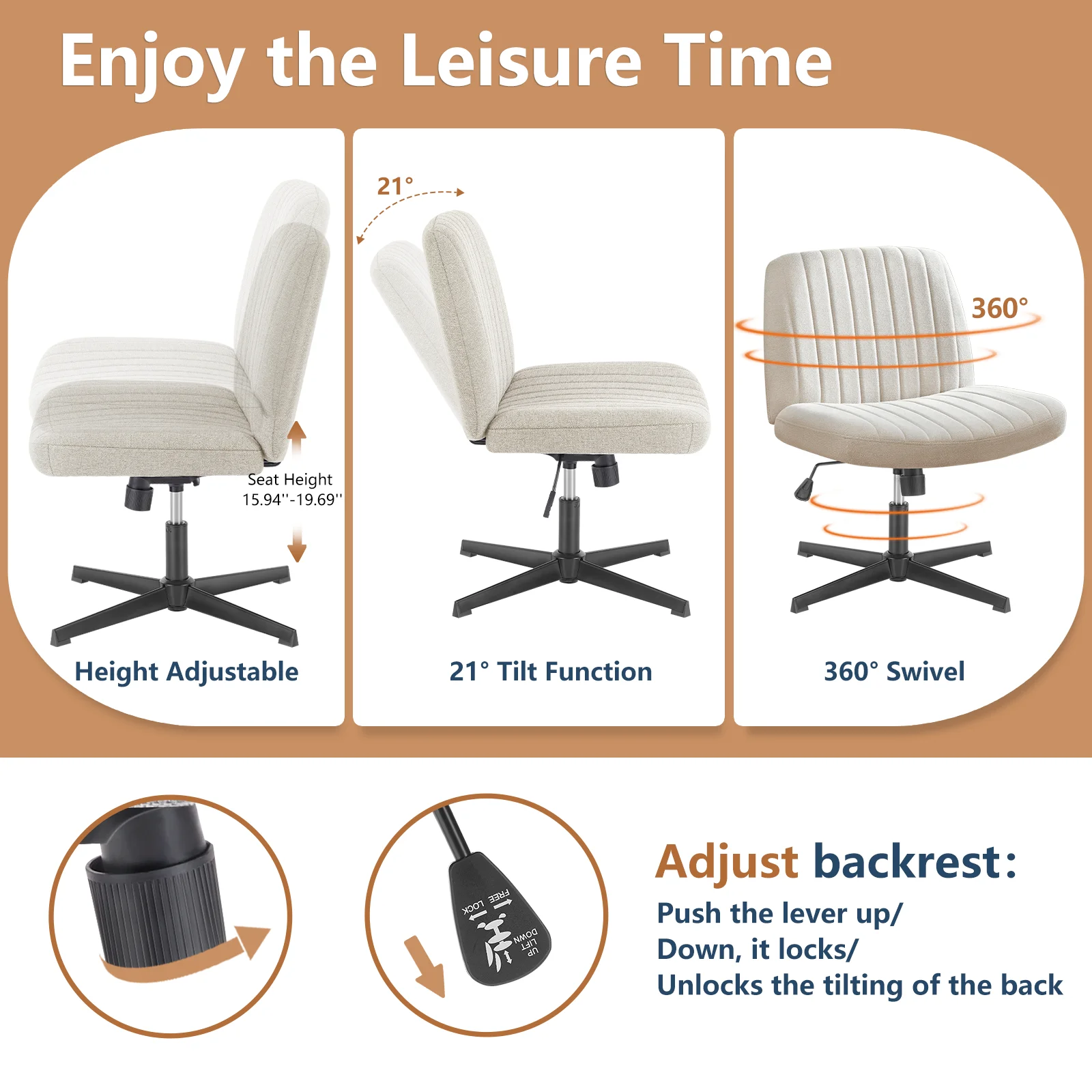 JHK Cross Legged Office Living Room Rocking Gaming Chair Armless Wide Desk Adjustable Swivel Fabric Task Vanity Home Office - Image 3