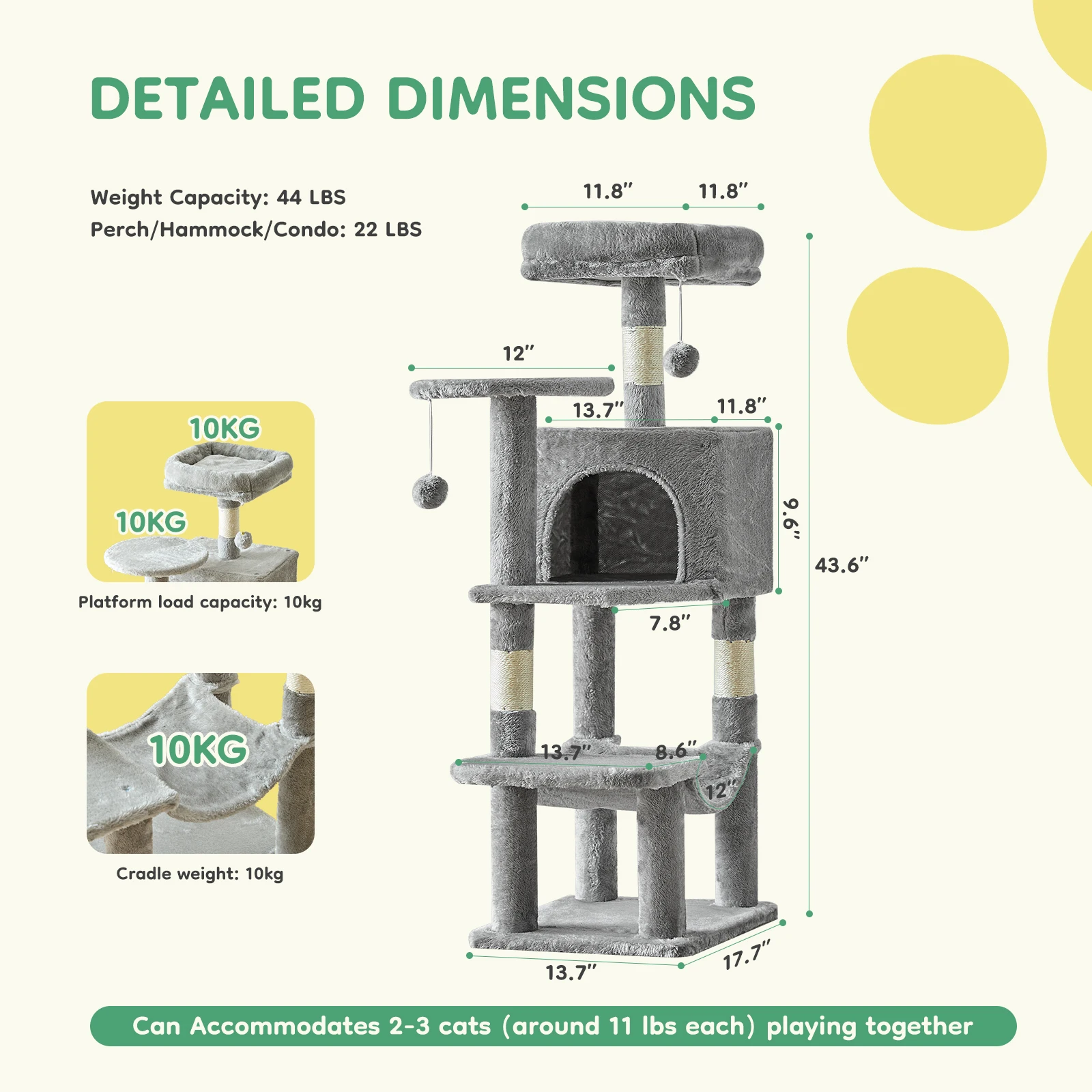 JHK 44In Cat Tree Tall Multi-Cat Climbing Tower for Pet Furniture Natural Sisal Scratching Posts Stable Pet House for Indoor Cat - Image 2