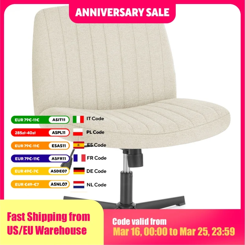 JHK Cross Legged Office Living Room Rocking Gaming Chair Armless Wide Desk Adjustable Swivel Fabric Task Vanity Home Office